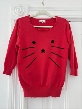 Women's Pepaloves Cat Face Sweater Size S Red Black